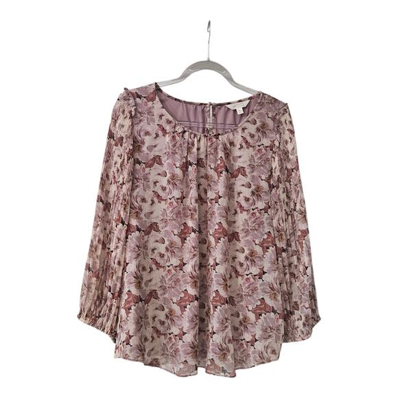 Lauren Conrad Womens XL Blouse Purple Floral Sheer Overlay Lined Keyhole Button - Picture 1 of 10
